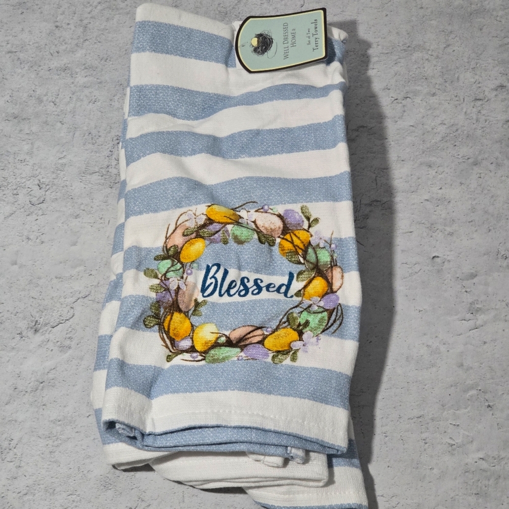 NWT Blessed Blue and White Striped Easter Kitchen Towels Set of 2